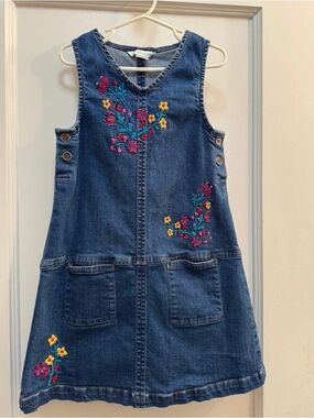 Garnet Hill Kids Denim Jumper Dress with Bright Floral Embroidery